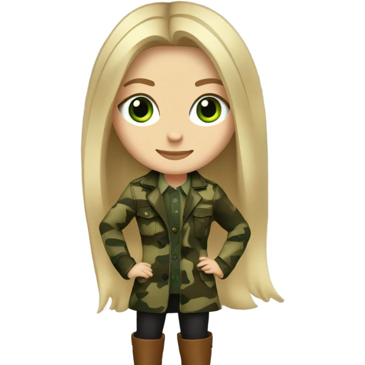 White girl with Long blonde hair and green eyes, camouflage Wool oversize blazer, mini dress and Brown leather boots  emoji