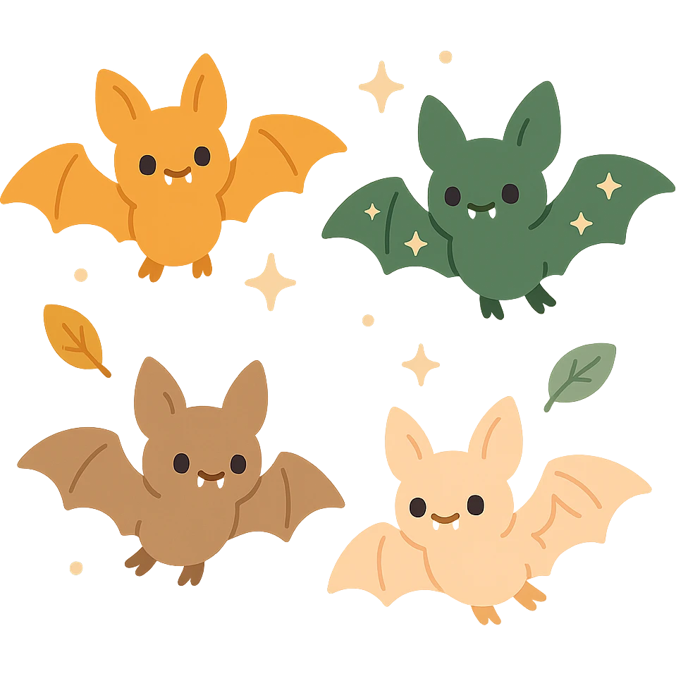 A group of cute, flying bats with a soft and magical aesthetic, illustrated in a warm color palette: golden orange (FA9B41), deep forest green (4A7C5C), muted taupe brown (96775A), and pastel peach (FFCC9A). Each bat has round, friendly eyes, small fangs, and gentle wing shapes with whimsical patterns or tiny stars. Their fur and wings are colored in soft combinations of the given tones, giving them a cozy, storybook-like charm. They fly playfully through a softly glowing night sky with sparkles or floating leaves, creating a dreamy, enchanting atmosphere. The mood is cute, calm, and a little magical emoji