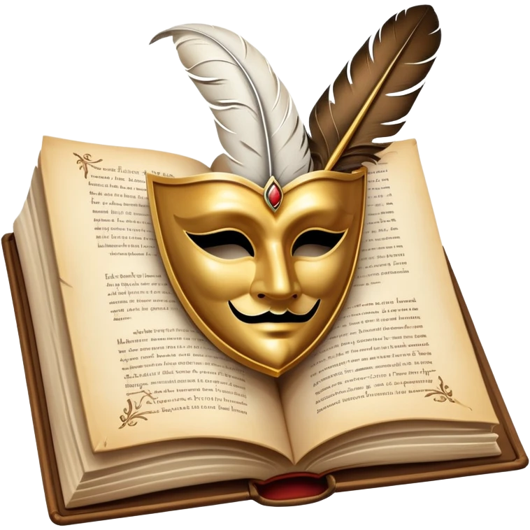 An icon featuring an open book with flowing pages, a feather quill, and classic literary symbols like a theater mask and inkwell. The design includes a subtle parchment background with faint text lines, symbolizing the study of literature. Transparent background emphasizes creativity and analysis. emoji