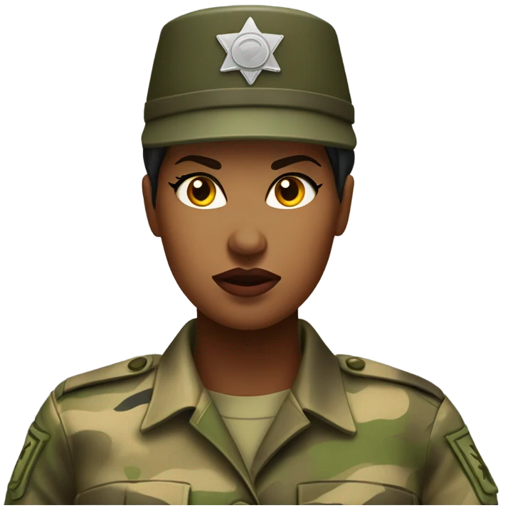 a female drill sergeant showing full torso wearing a classic sergeant hat and a camouflage army shirt. The character should have an angry intense expression.  emoji