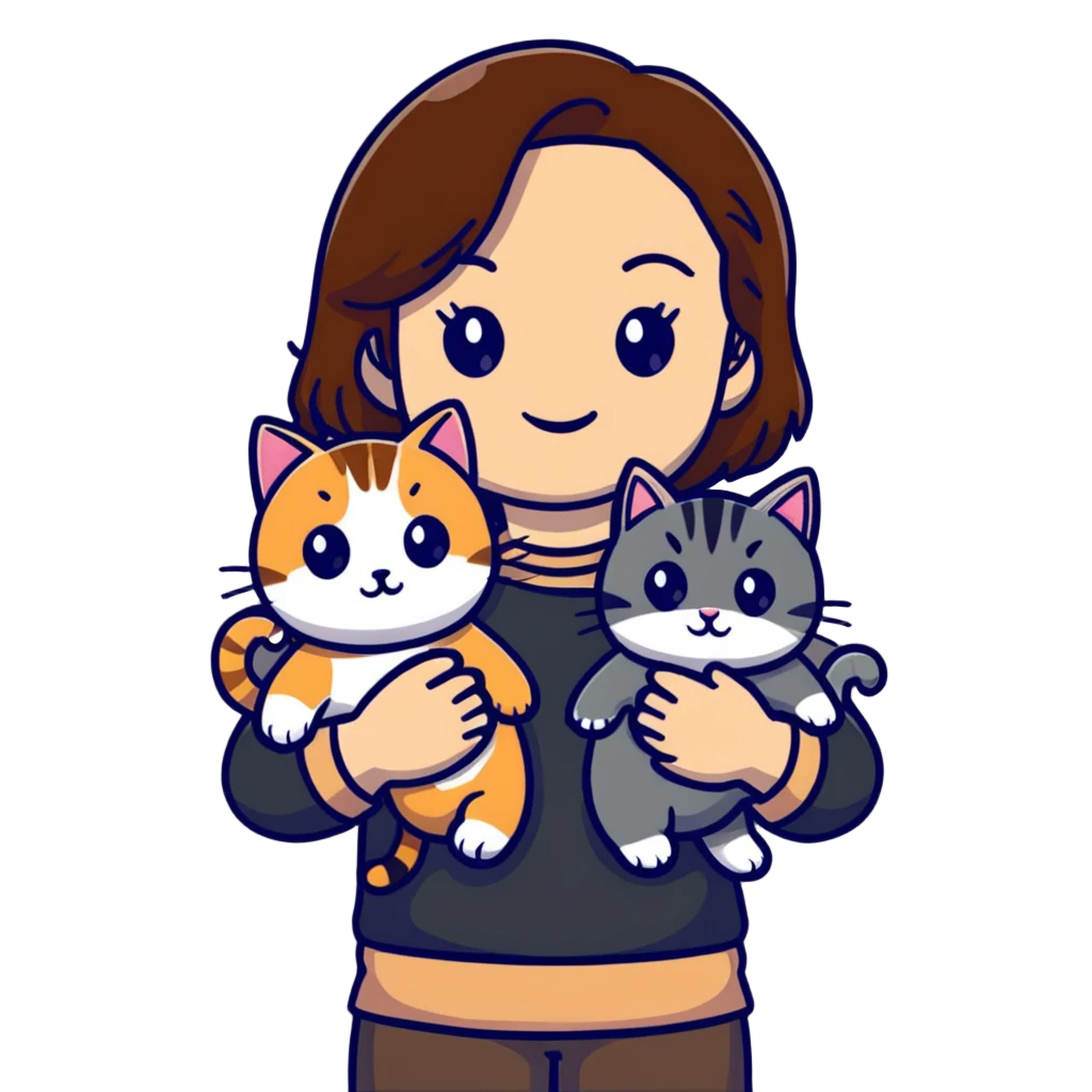 tan brown-haired girl holding two cats, one black cat and one grey-striped cat emoji