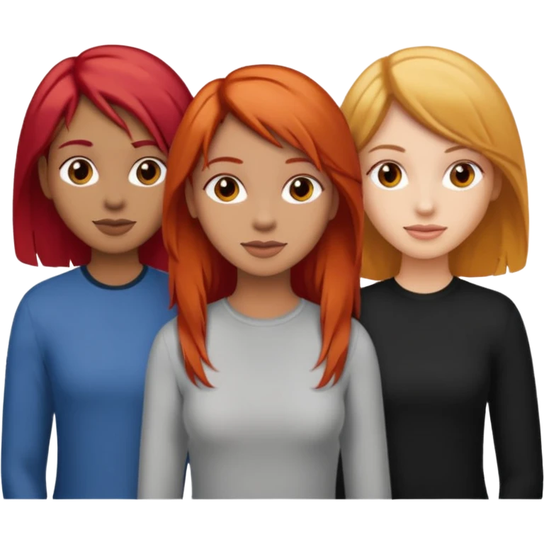 Can you create an image of 3 friends together one with red bright hair light skin one the other with brown hair with some blonde highlights in the hair fair skin the last one with light brown a tint of orange hair and black long hair emoji