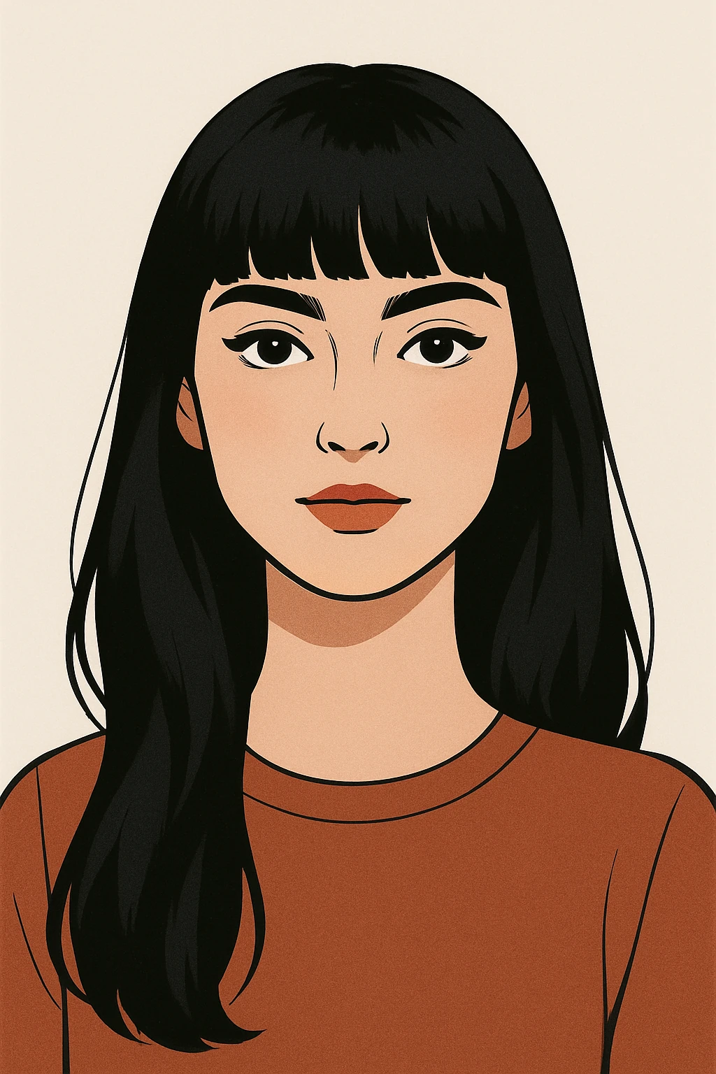 portrait of a pretty white girl with long black hair and thick bangs, clean background, modern illustration style emoji