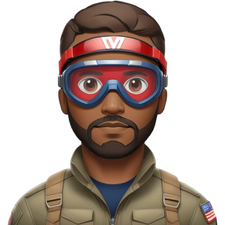 sam wilson with a very short hair close to the scalp and  a well-groomed beard that connects to his mustache,  wear sleek, red-tinted tactical goggles fit snugly from captain america: civil war emoji