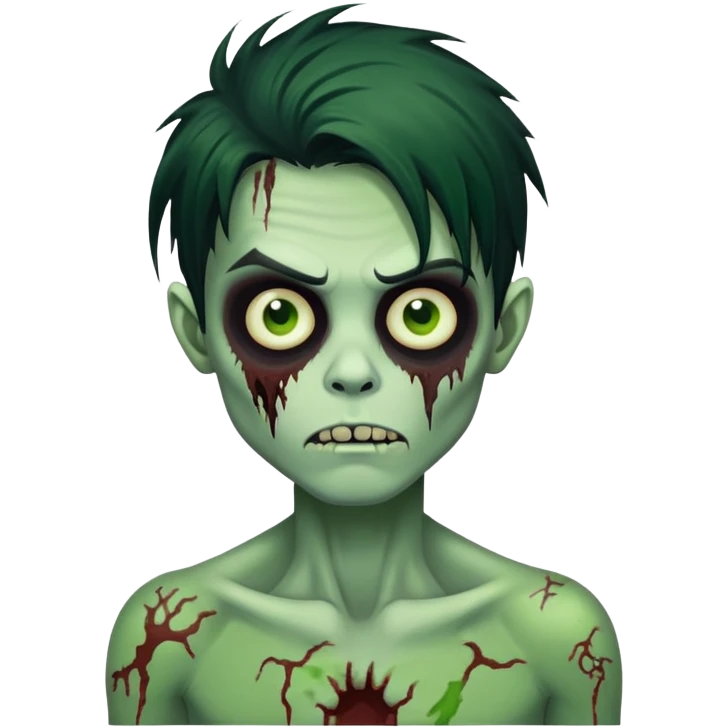 brunette zombie boy with horror green skin and long messy black hair emoji