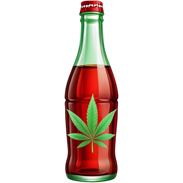 Classic Coca-Cola shaped glass bottle with curved contours, red color, with a cannabis leaf emoji