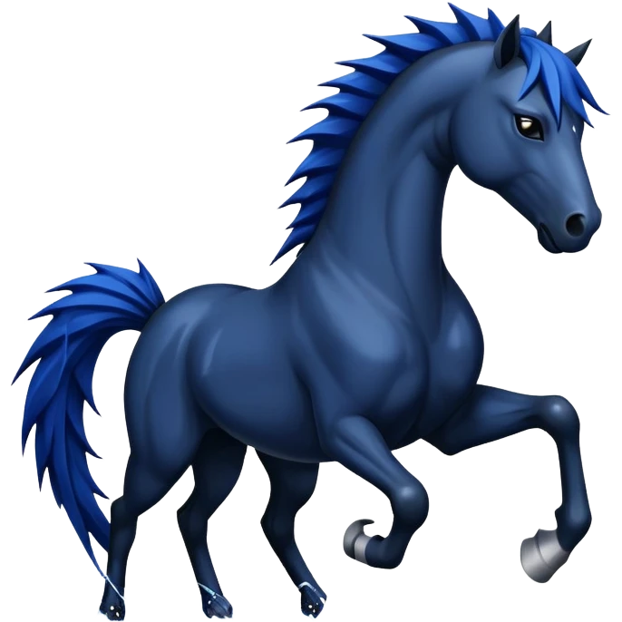 Ninja water horse, black horse body, dark blue watery accents, sharp spikes along mane and tail, fierce warrior pose emoji