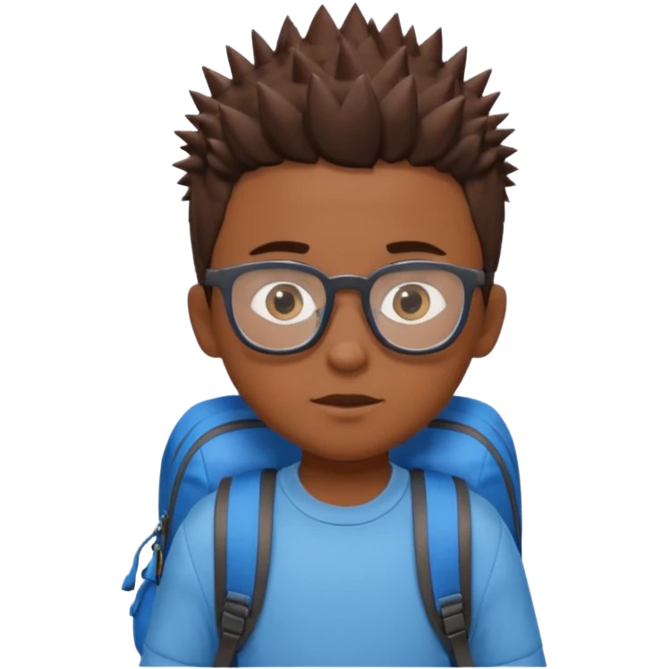 a boy with spikey short brown hair and blue eyes, glasses, backpack emoji