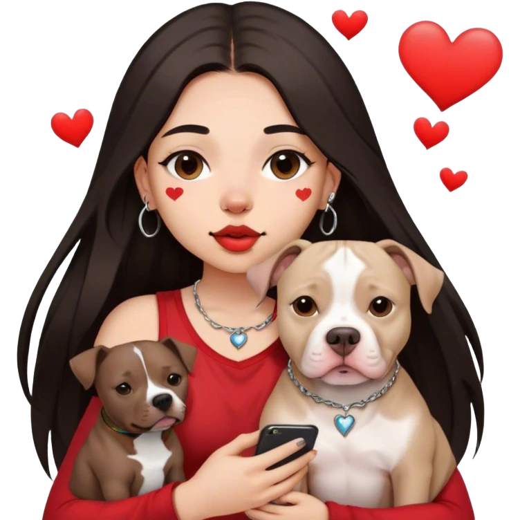 Young girl, with long dark hair, kind of chop you around her face holds her phone sitting by her pitbull. She has a small septum ring in her nose and heart fly all around her. emoji