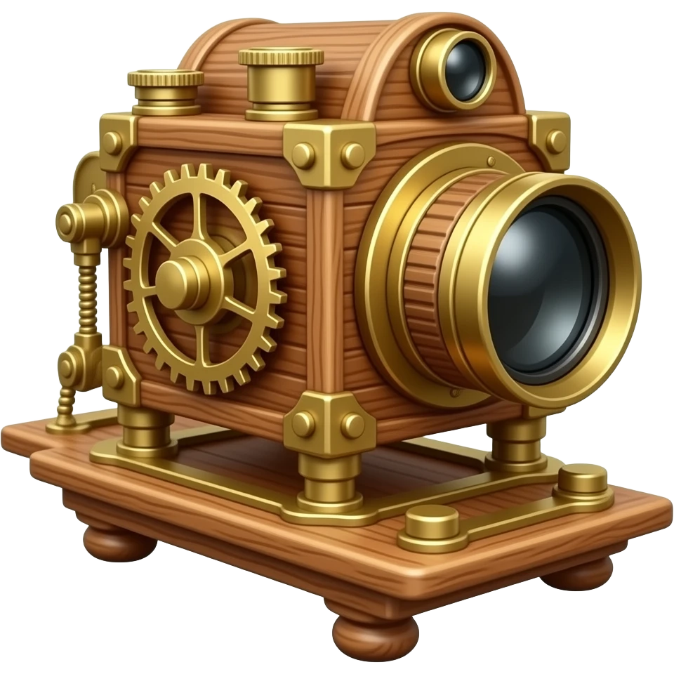 steampunk a wooden eccentric camera obscura on a miniature wooden stand emoji