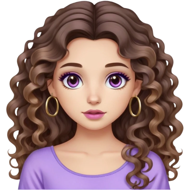 cute girl with not volominous VERY LONG curly/wavy brunette hair with balayage, brown eyes, full lips, cute makeup and hoop earrings white girl. wearing a cute lillac top emoji