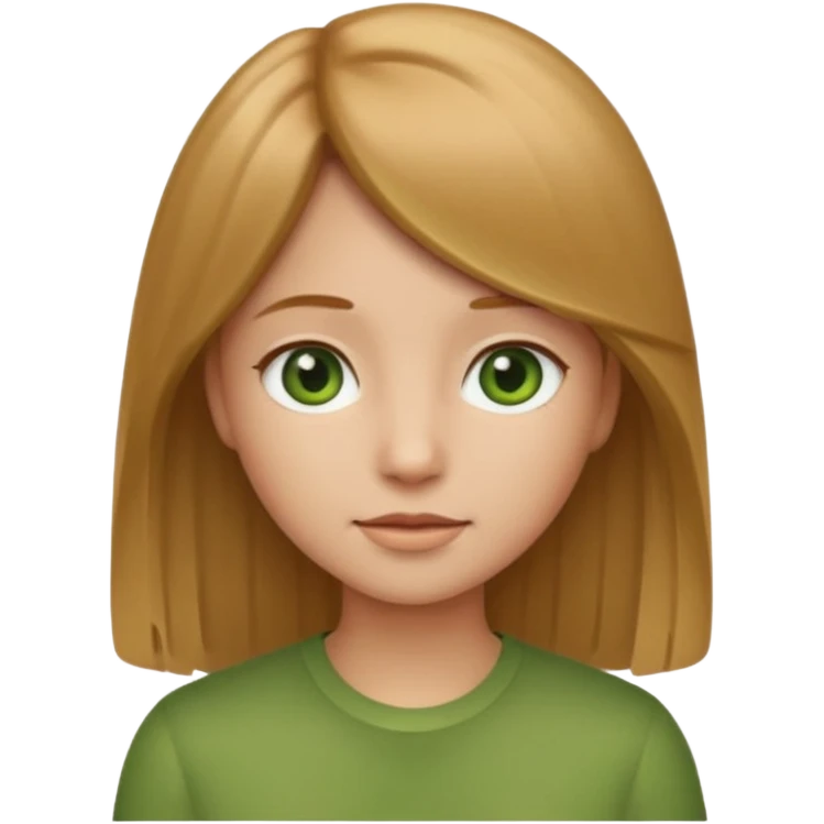 apple style emoji of a girl with light brown (русые) hair, 1A-1B straight hair texture, green and greyish eyes emoji