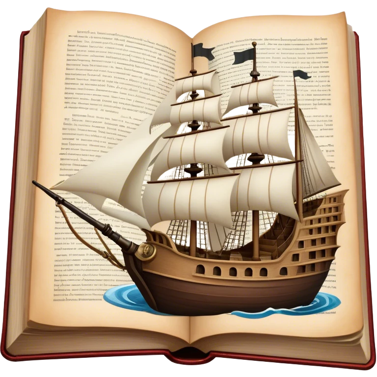 Collage for Reading Fiction: Cola large open book with pages turning into a sailing ship, with musketeers on horseback, and Sherlock Holmes with a magnifying glass standing nearby. The icon should evoke the adventure and romance of exploring fictional worlds. Transparent background emoji