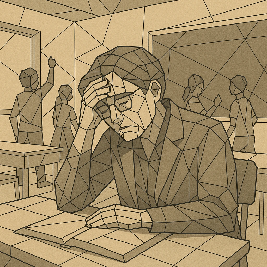 exhausted teacher in a bustling classroom emoji