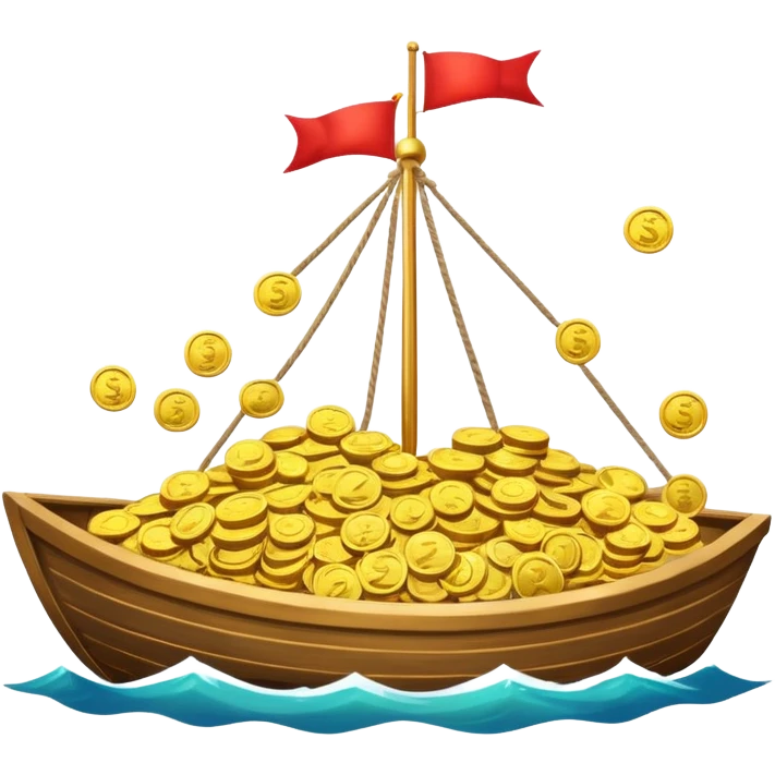 emoji of gold coins on the boat in the sea emoji