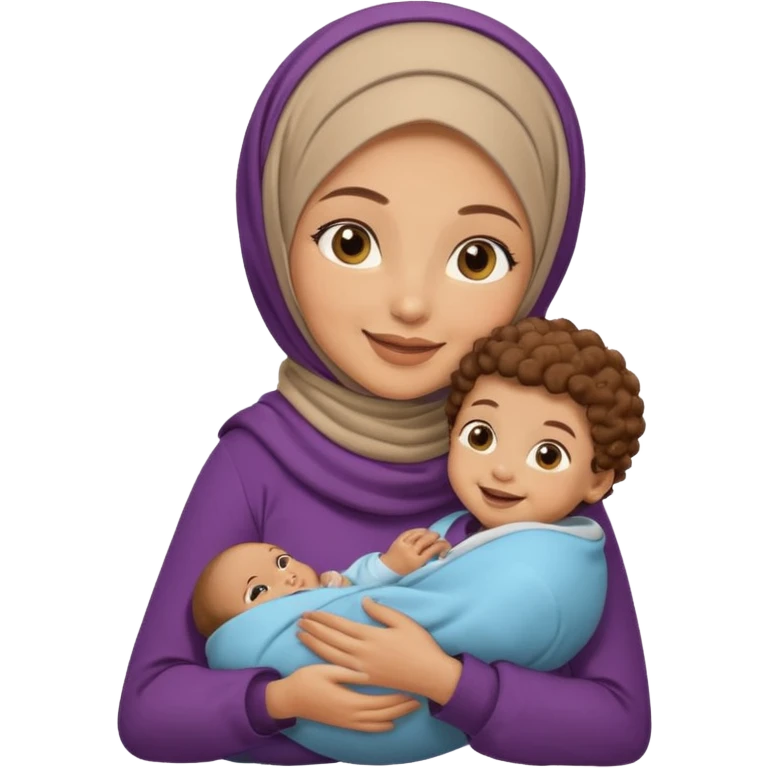 Light skin hijabi woman holding a one baby boy brown curls emoji