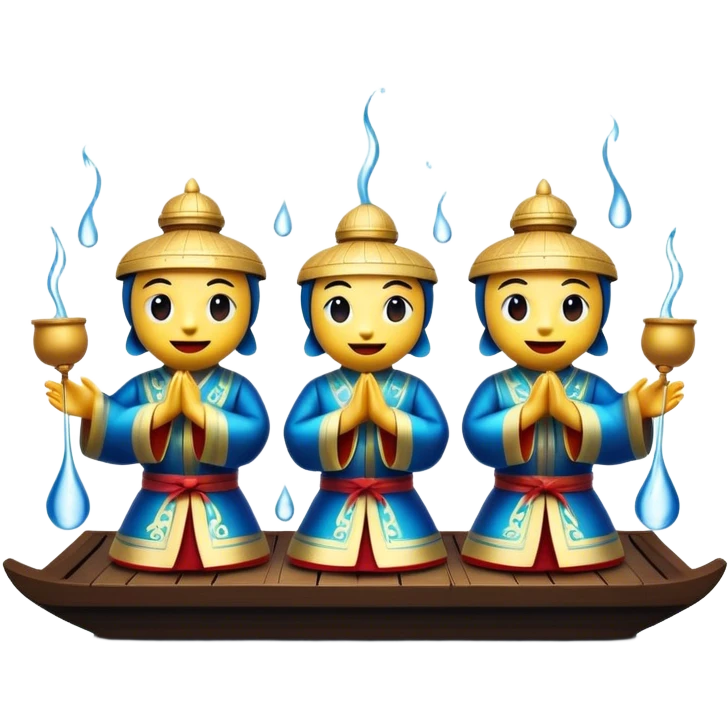 Cinematic Realistic Water Puppetry Emoji, depicted as a whimsical scene of traditional water puppets performing on a reflective water stage, rendered with vivid textures and dynamic playful lighting that captures its enchanting charm. emoji