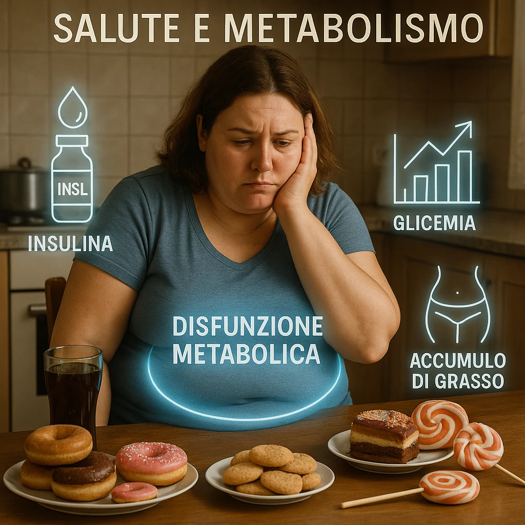 realistic surreal symbolism; 38-year-old woman, slightly overweight, sitting tired at kitchen table with sugary foods; frustrated expression; blue halo around abdomen (metabolic dysfunction); transparent icons: high insulin, rising blood sugar (graph with upward arrows), fat accumulation on abdomen and hips; writings in Italian emoji