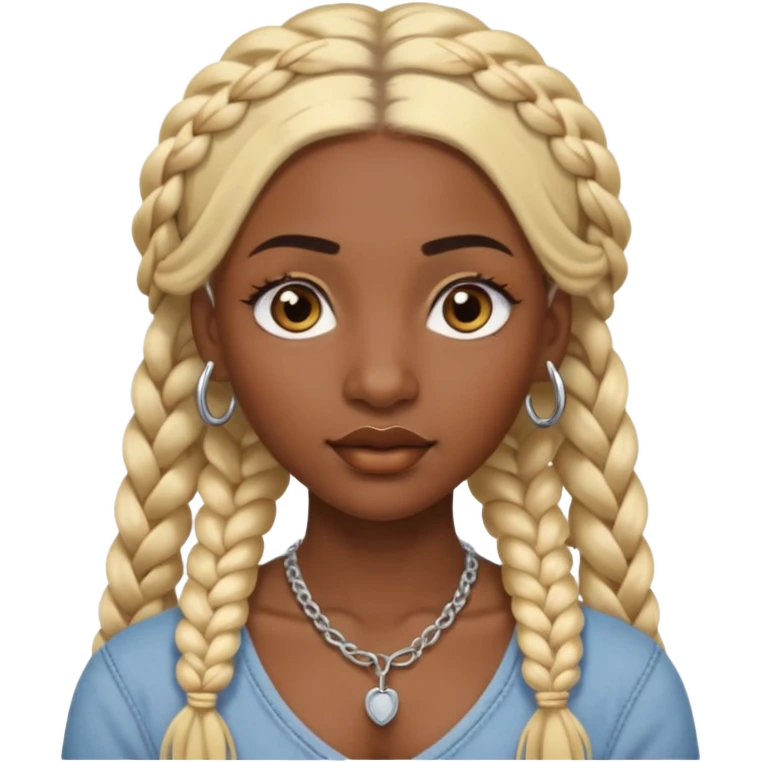 A dark-skinned woman with long blonde hair styled into two thick braids, large golden-brown eyes and arched eyebrows.  a silver eyebrow ring, a nose stud, and a lip ring. emoji