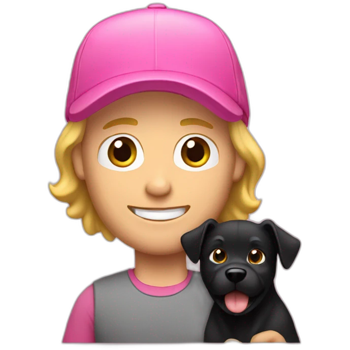 blond guy with little beard in pink cap holding black dog emoji