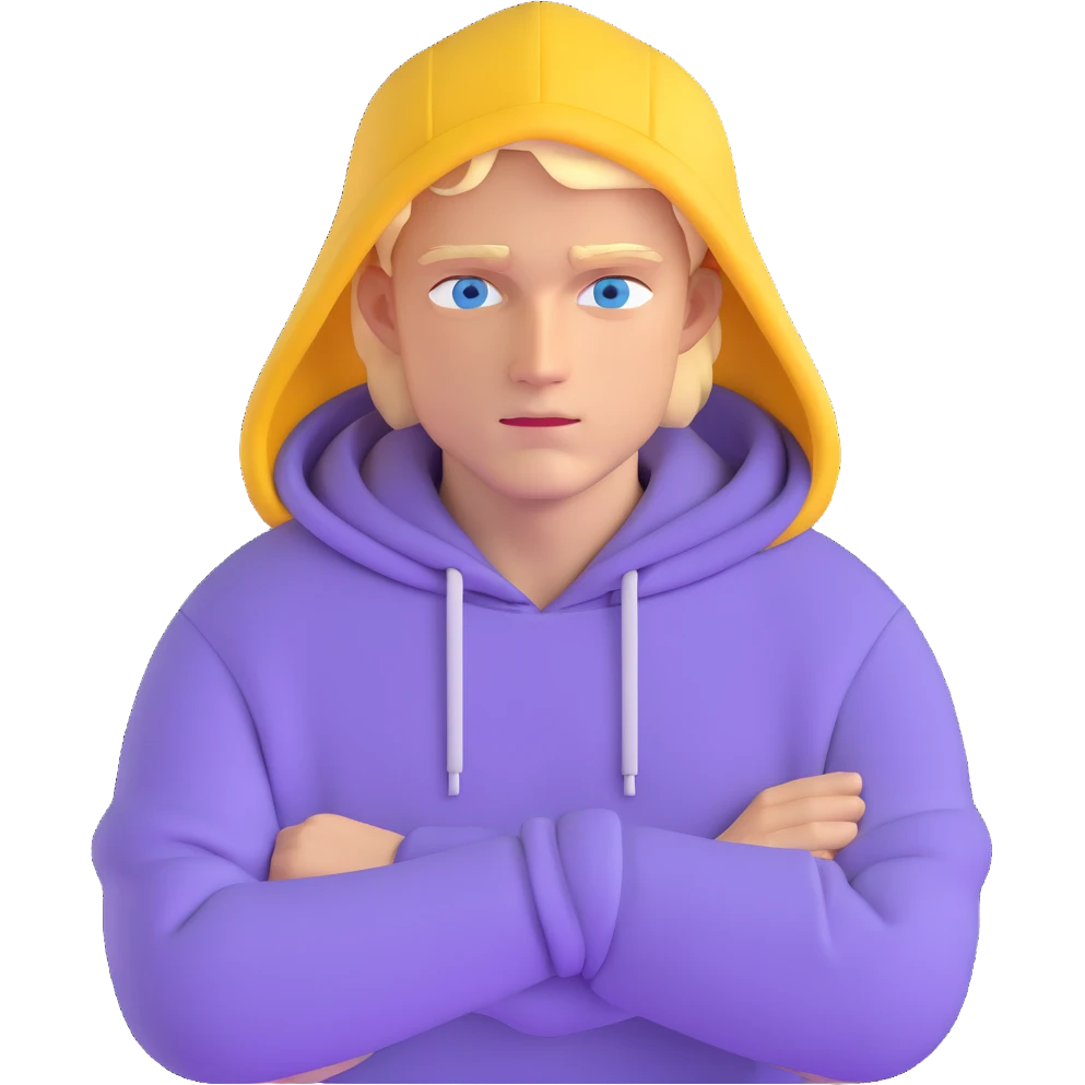 blonde man with blue eyes wearing a lilac hoodie emoji
