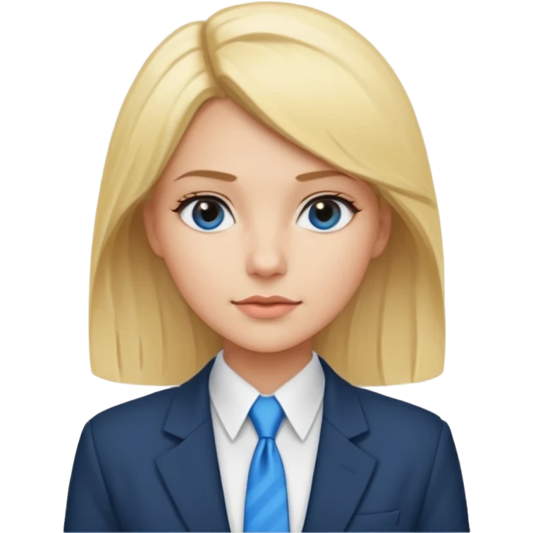 une femme blonde jolie avec des jolies traits avec une chemise blanche et une veste a manche longues et cravate bleu emoji