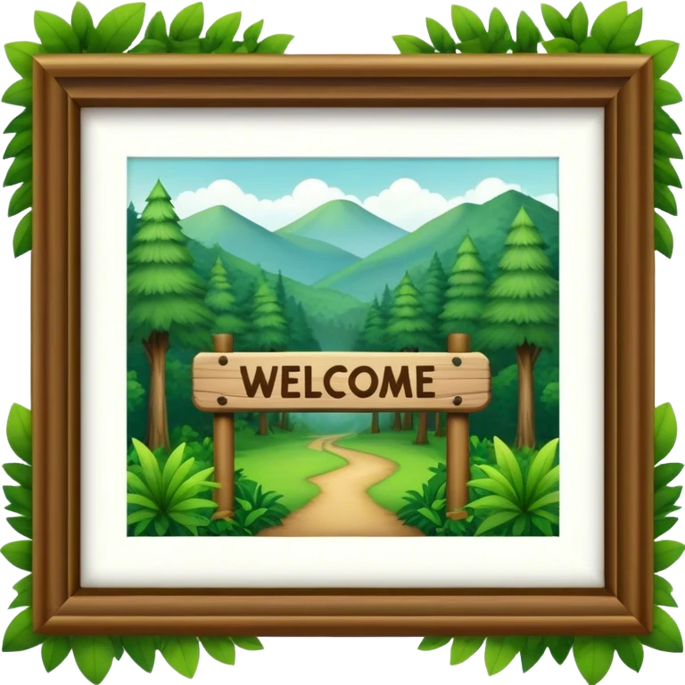 A sign that says “Welcome to Htrae” with a lush forest in the background emoji