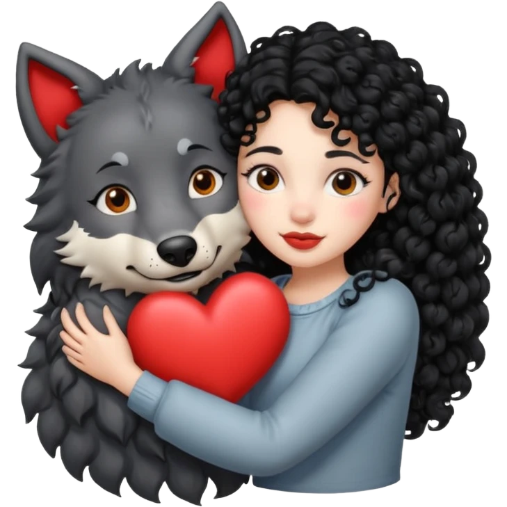 Black curly hair white skin girl hugging a big wolf with hearts above them emoji