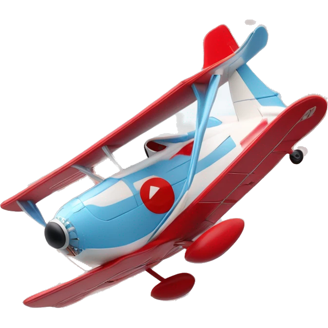 Un avion de dessin animé rouge et blanc volant à travers des nuages floconneux dans un ciel bleu clair. La scène est encadrée par une bordure circulaire, avec un style d'animation 3D ludique. emoji