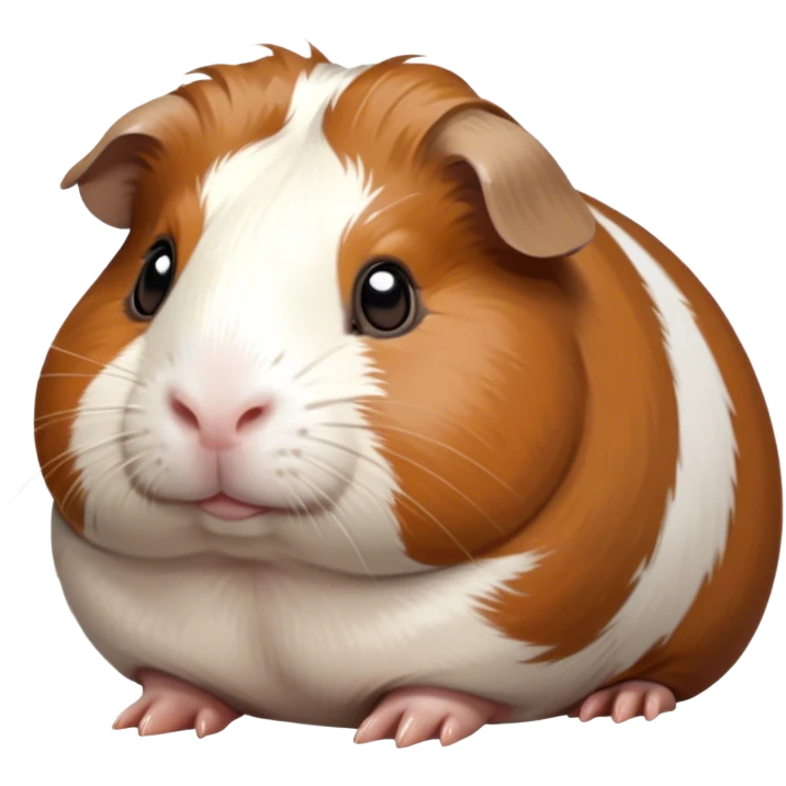 Cinematic Noble Brown and White Banded Guinea Pig Portrait Emoji, Poised and regal, with a compact, chubby build and a uniquely patterned coat of warm brown and crisp white banding, deep-set soulful dark eyes, Simplified yet sharp and sophisticated features, highly detailed, glowing with a soft, dignified glow, high shine, intelligent and charming, stylized with an air of distinctive elegance, focused and attentive, soft glowing outline, capturing the essence of a watchful and confident companion, so majestic it feels as though it could scurry out of the screen with effortless authority! emoji