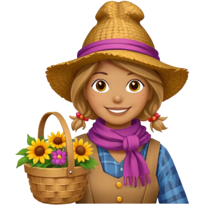Scarecrow, Smiling face, colorful scarf, flower hat, holding a small basket. emoji