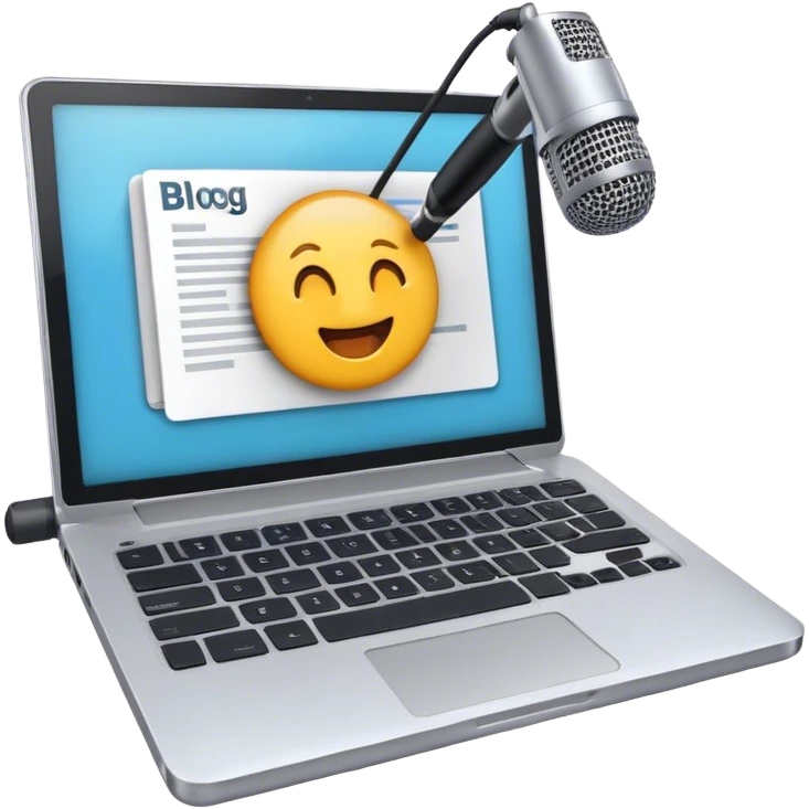 Create an emoji representing blogging. The design should feature an open laptop or tablet with a visible blog post on the screen, showing text. Optionally, add a camera or microphone for multimedia content. Use modern, professional colors. exclude any emoticons! Make the background transparent. emoji