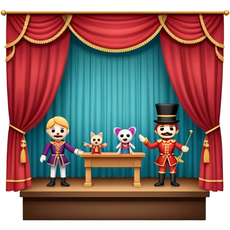 Icon for Puppet Theater: a puppet stage with curtains and marionettes performing on stage. The icon should represent the charm and artistry of puppet theater, with focus on the puppet and the stage setting. Transparent background. emoji