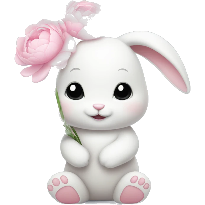 cute white bunny holding light pink peonies emoji