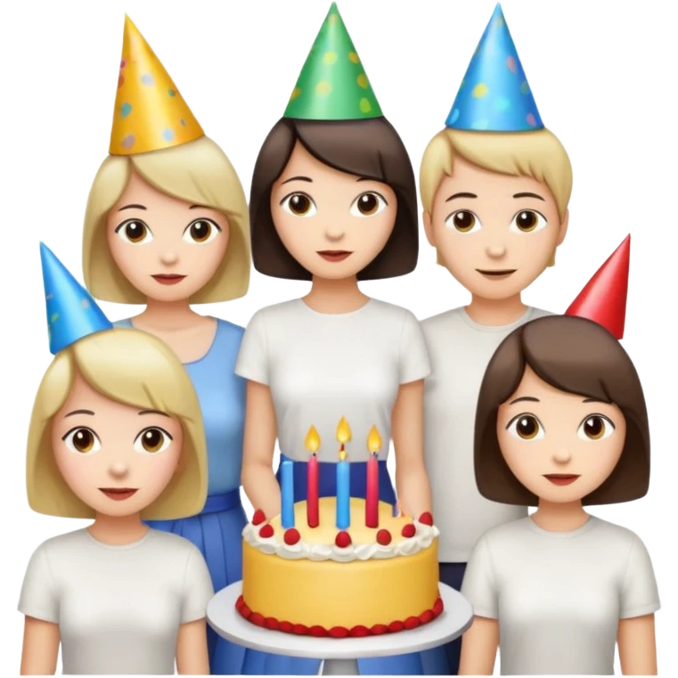 una festa di compleanno con una camicia bianca una ragazza con il caschetto e una torta e un cappellino  emoji