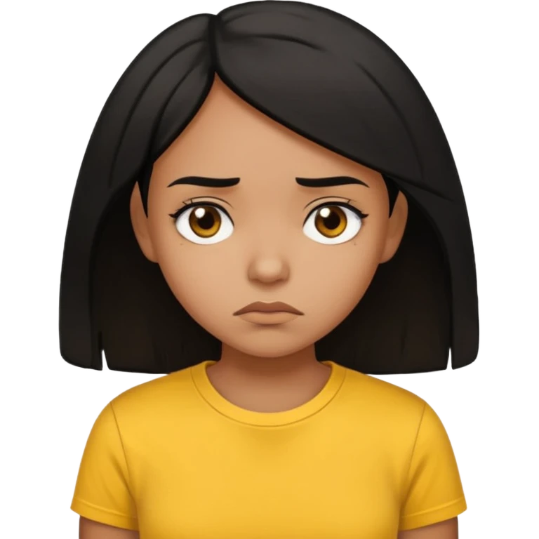 brown pretty bratz girl with black hair, wearing a yellow tshirt. looking sad emoji