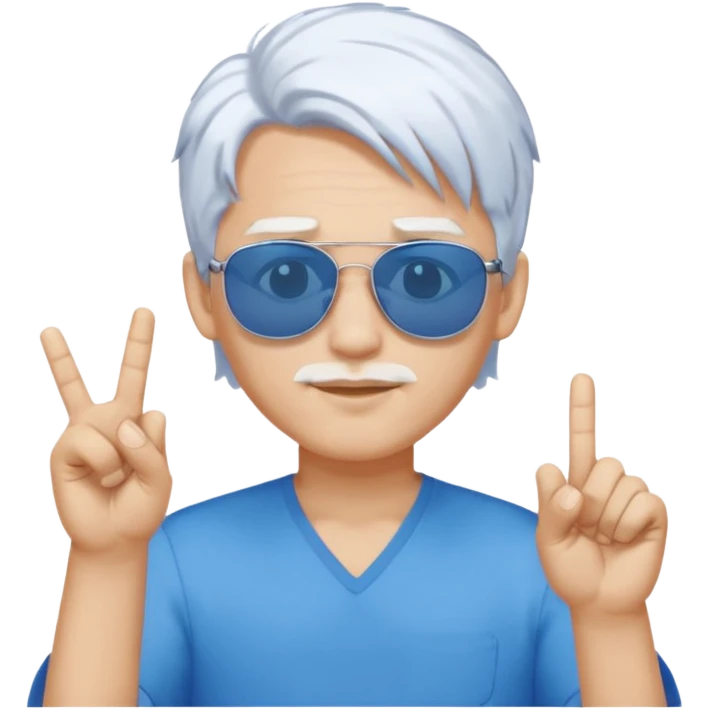 young man wearing, blue sunglasses, white hair, one hand two finger crossed emoji