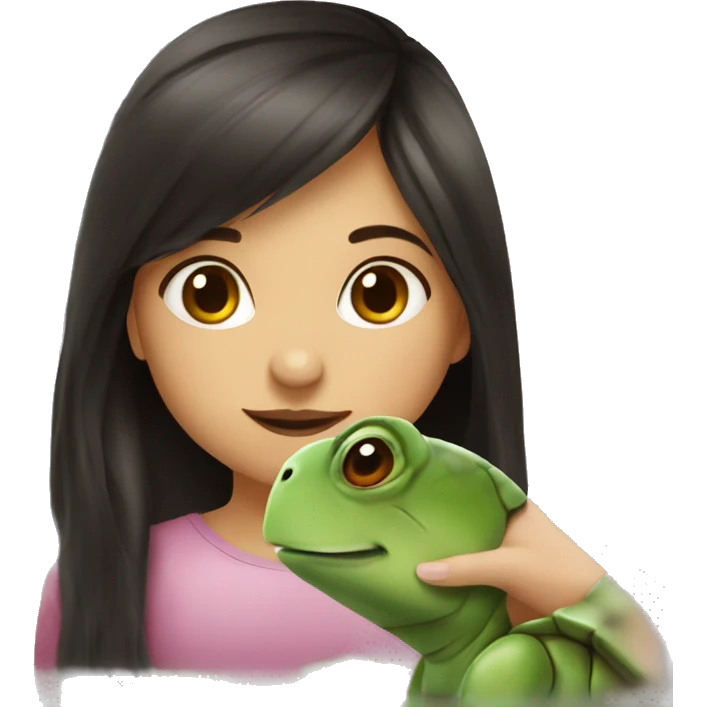 European girl with dark hair kiss little turtle emoji