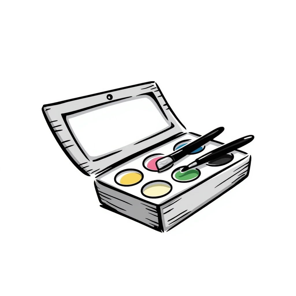 A watercolor paint box with paintbrush and color wells in pastel colors (dd9fb0, ffc6d3, a3bfc9, c4bee2, f1b091), hand-drawn doodle style emoji