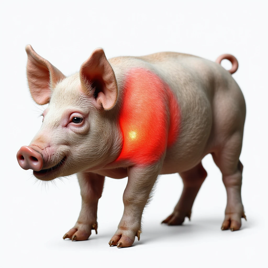 Realistic pig on isolated white background, thyroid area on neck highlighted in red, clear anatomical details, hyperrealism, 4K quality, side view emoji