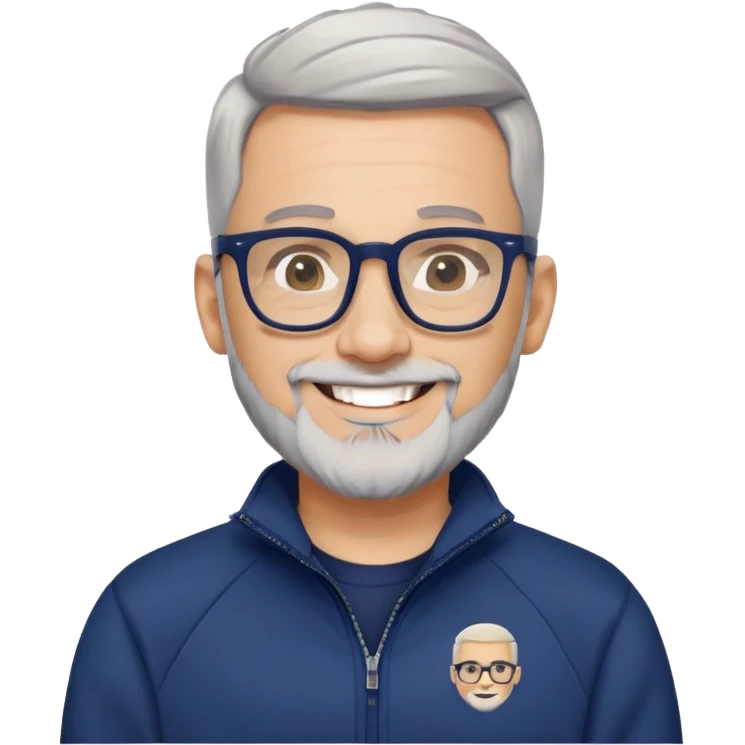 Light-skinned man with tight fade haircut (nearly shaved sides fading to very short on top), short graying beard, big black glasses frames, happy smile, navy blue zip-up sweatshirt with long sleeves emoji