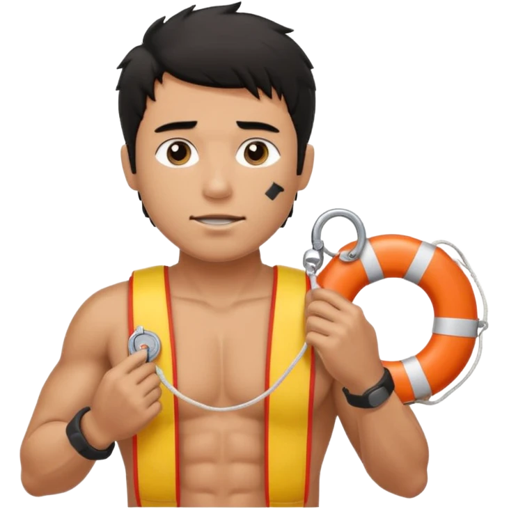Dark Tan Muscular lifeguard no shirt with messy black hair with whistle and life preserver emoji