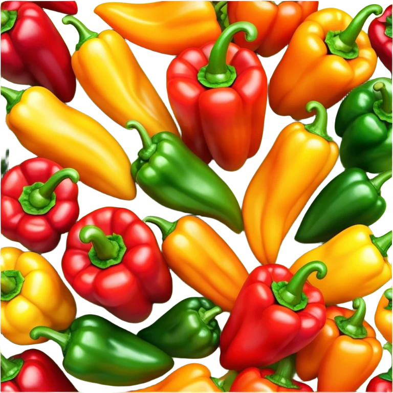 Cinematic bright colorful peppers, glossy and fresh, arranged in a vibrant mix of red, yellow, and green, warm glowing background, fresh and lively. emoji