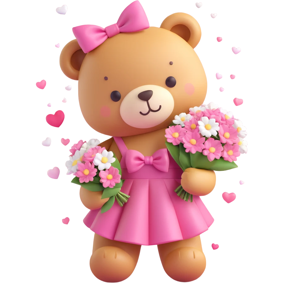A cute teddy bear with a pink bow on its head, holding a bouquet of white flowers, in a 3D iOS Disney style, with a soft pink background and hearts floating around, wearing a pink dress. emoji