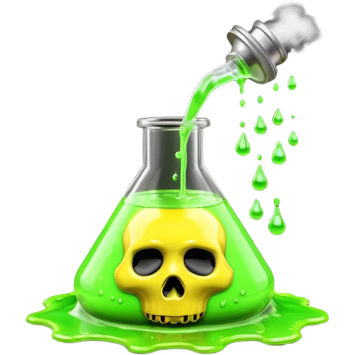 3D render of Spilled Flask, toxic waste aesthetic, neon green bubbling liquid, caution yellow metal, industrial warning texture. emoji