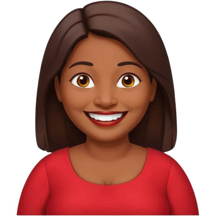 50 yr old chubby Sri Lankan woman, dark skin, straight brown hair, big smile, white teeth, red dress clothes, longer hair straight, big teeth emoji