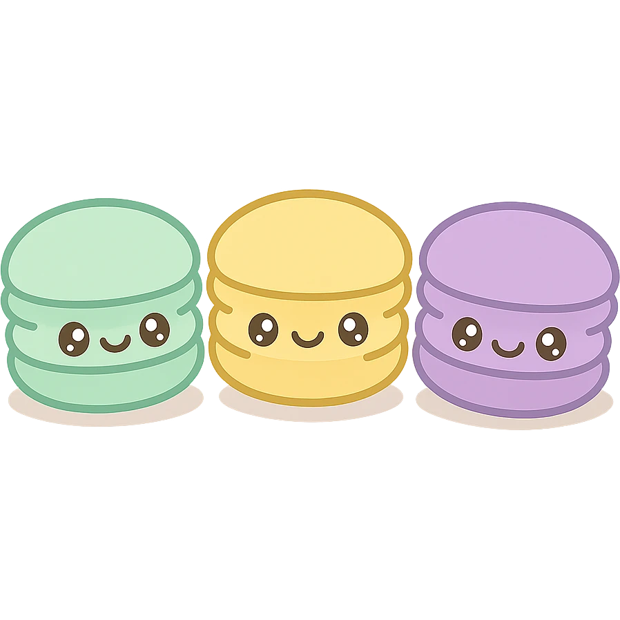 three assorted macarons green yellow purple arranged in a row with soft shadows emoji