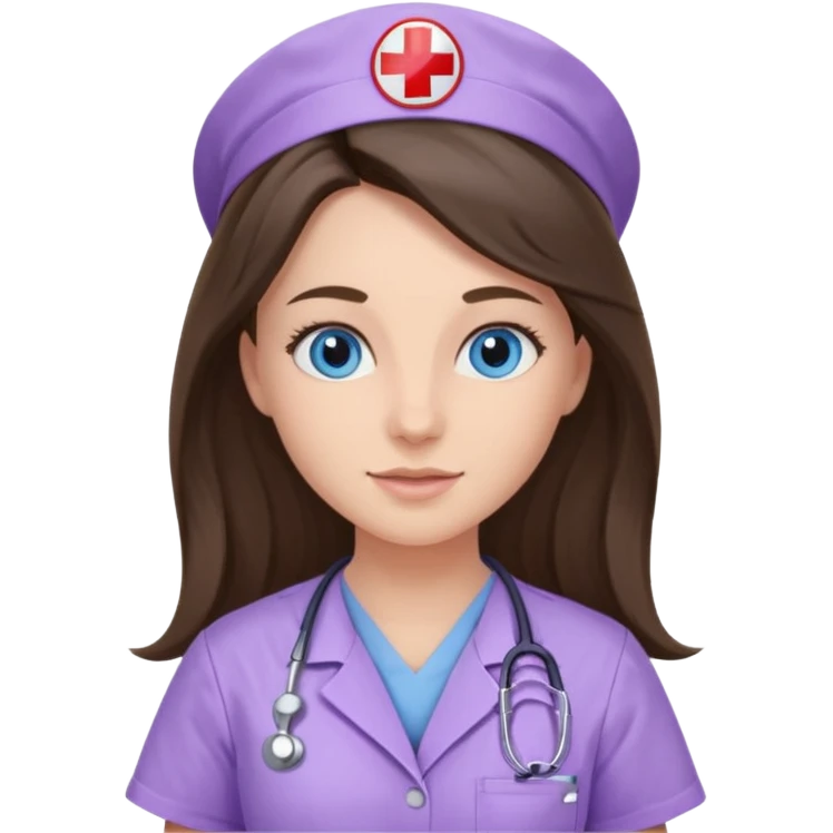pretty brunette nurse with long hair and blue eyes in lilac scrubs emoji