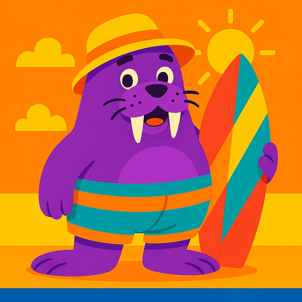 Give the cute purple walrus with a sun hat and shorts a surfboard, keep the cheerful style. emoji