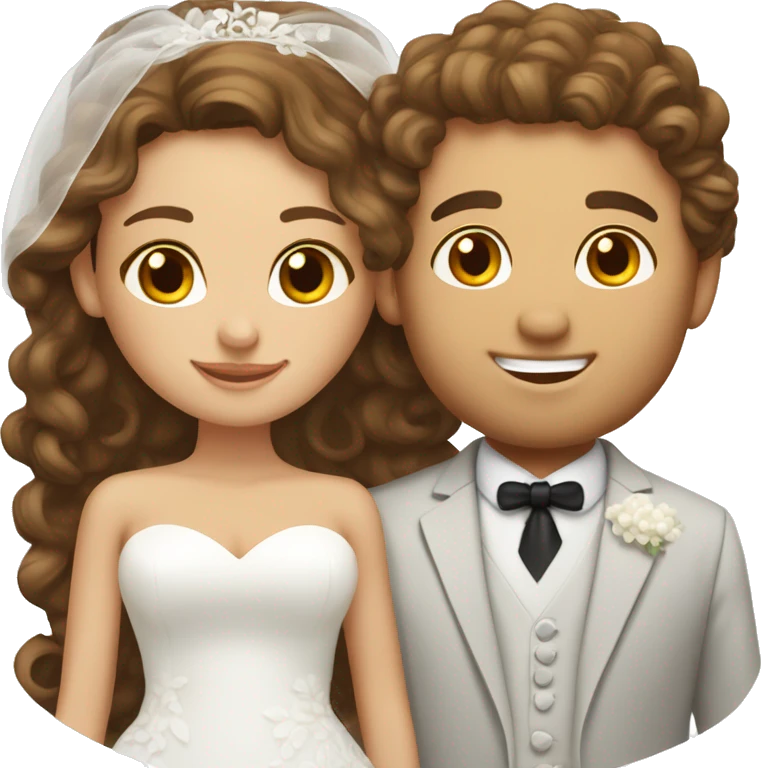 caucasian bride with curly brown hair and caucasian groom  emoji